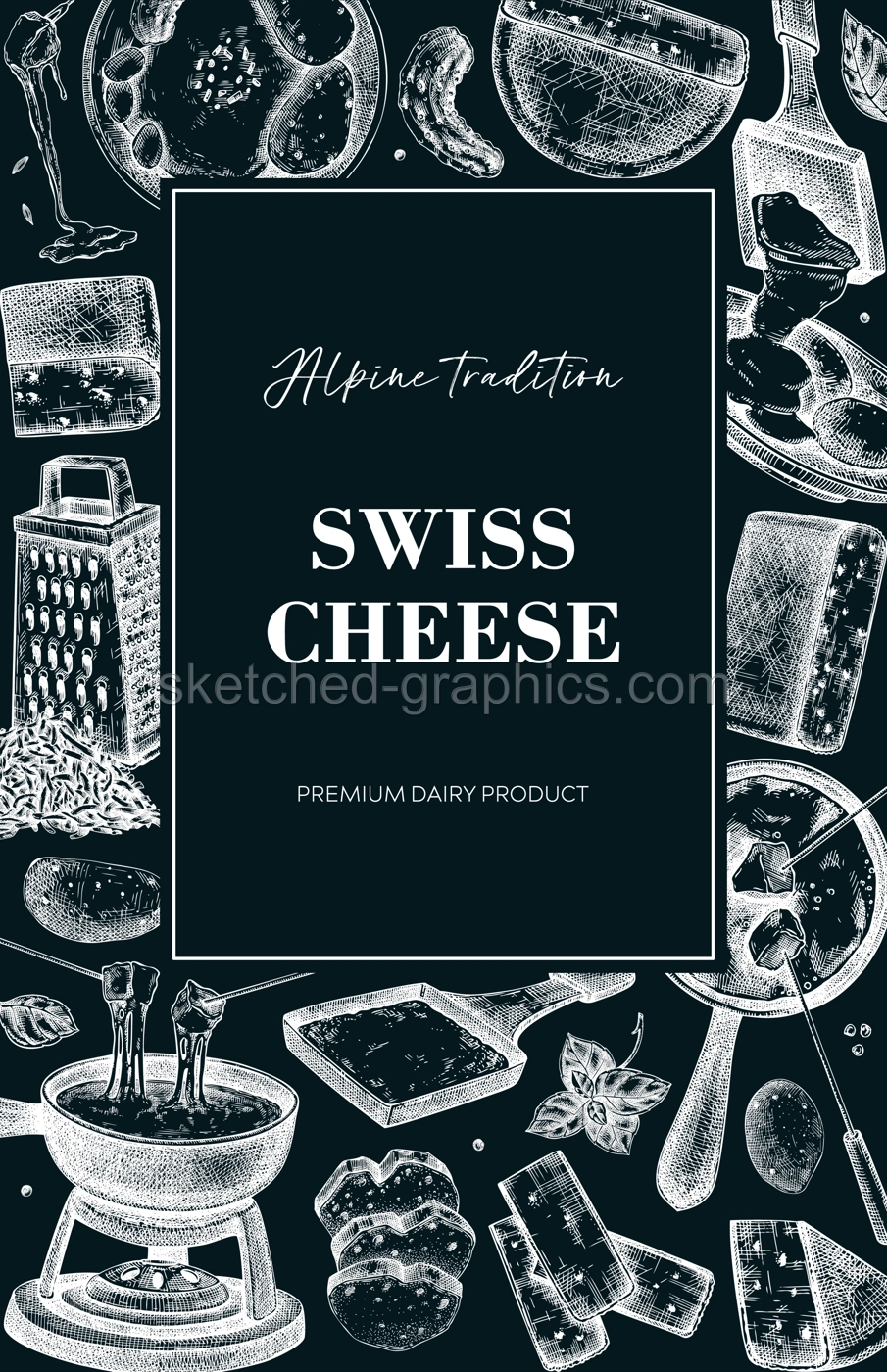 Swiss cheese hand-drawn vector illustration. Vintage food background. Fondue and raclette sketches. Perfect for restaurant menu, packaging, or book cover. NOT AI generated Illustration